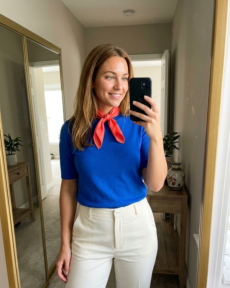 A Bright Spring woman wearing cobalt, ivory, coral