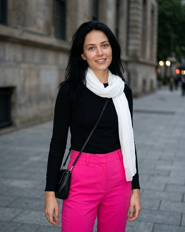 A Bright Winter woman wearing black, hot pink, white