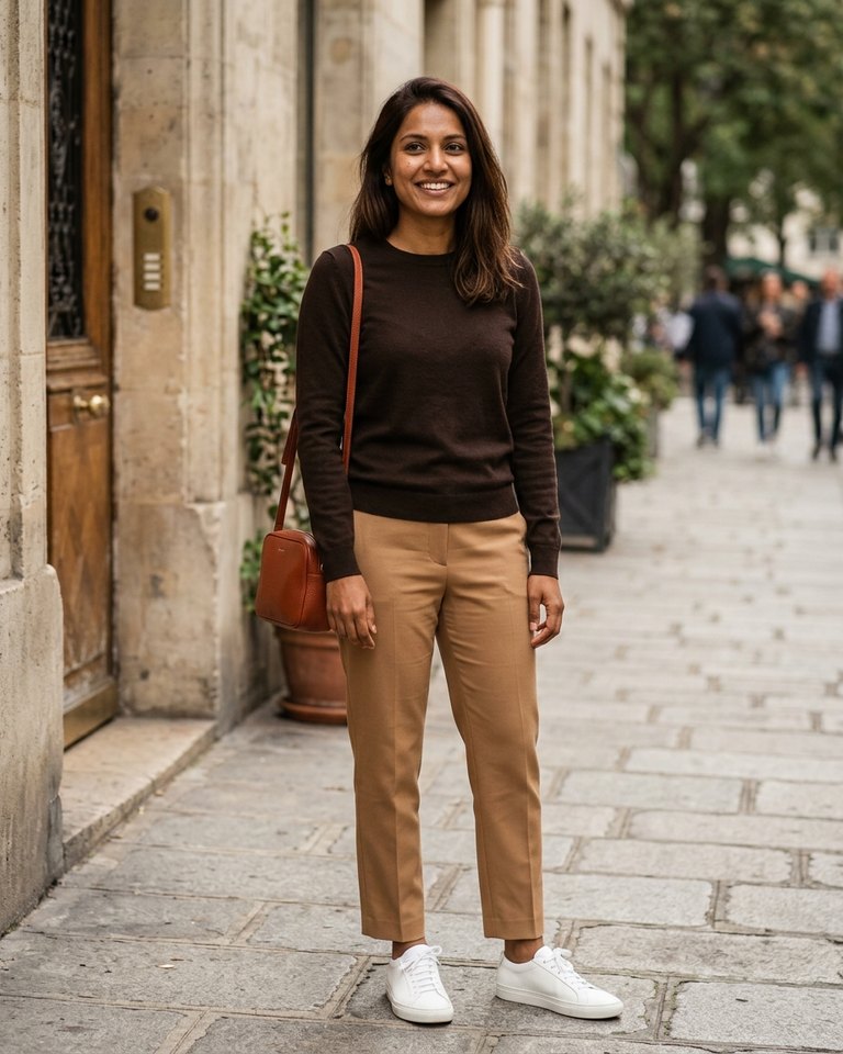 A Deep Autumn woman wearing espresso, camel, rust