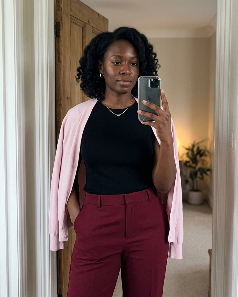 A Deep Winter woman wearing black, burgundy, icy pink