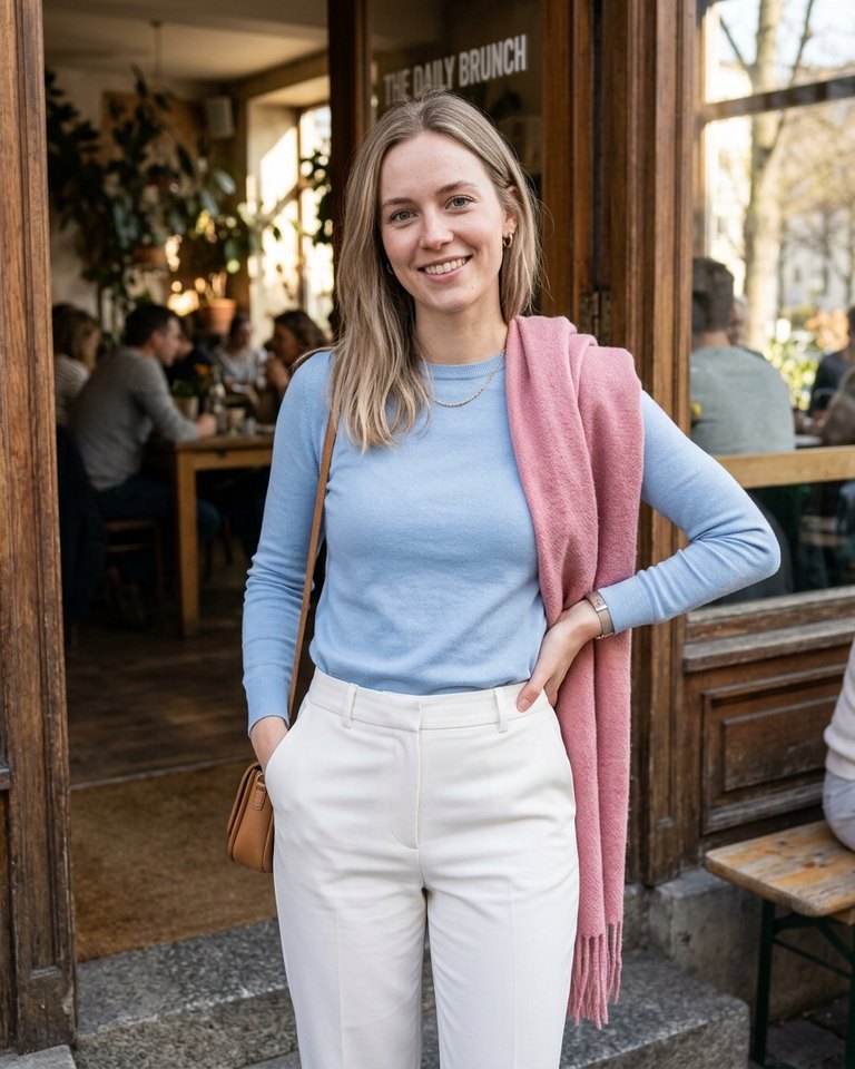 A Light Summer woman wearing powder blue, white, rose
