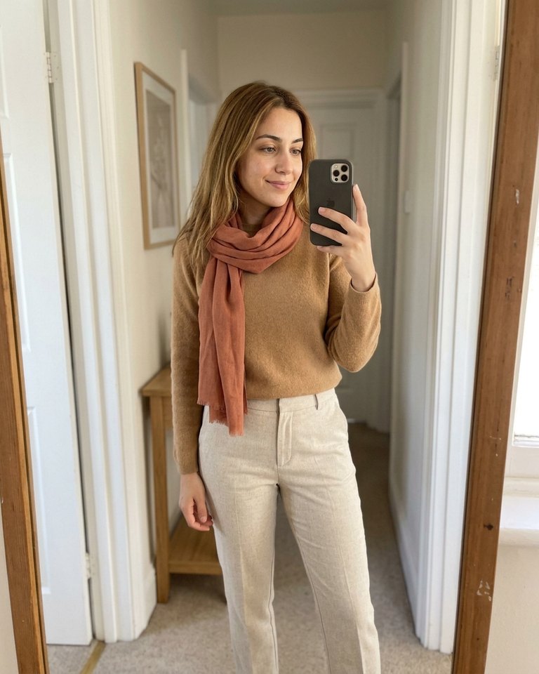 A Soft Autumn woman wearing camel, oatmeal, terracotta