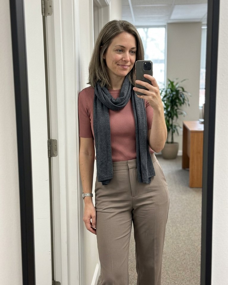 A Soft Summer woman wearing dusty rose, taupe, charcoal