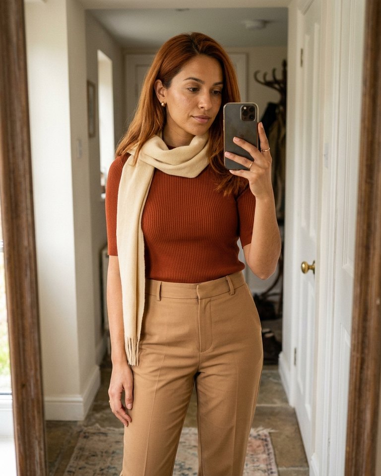 A True Autumn woman wearing rust, camel, cream