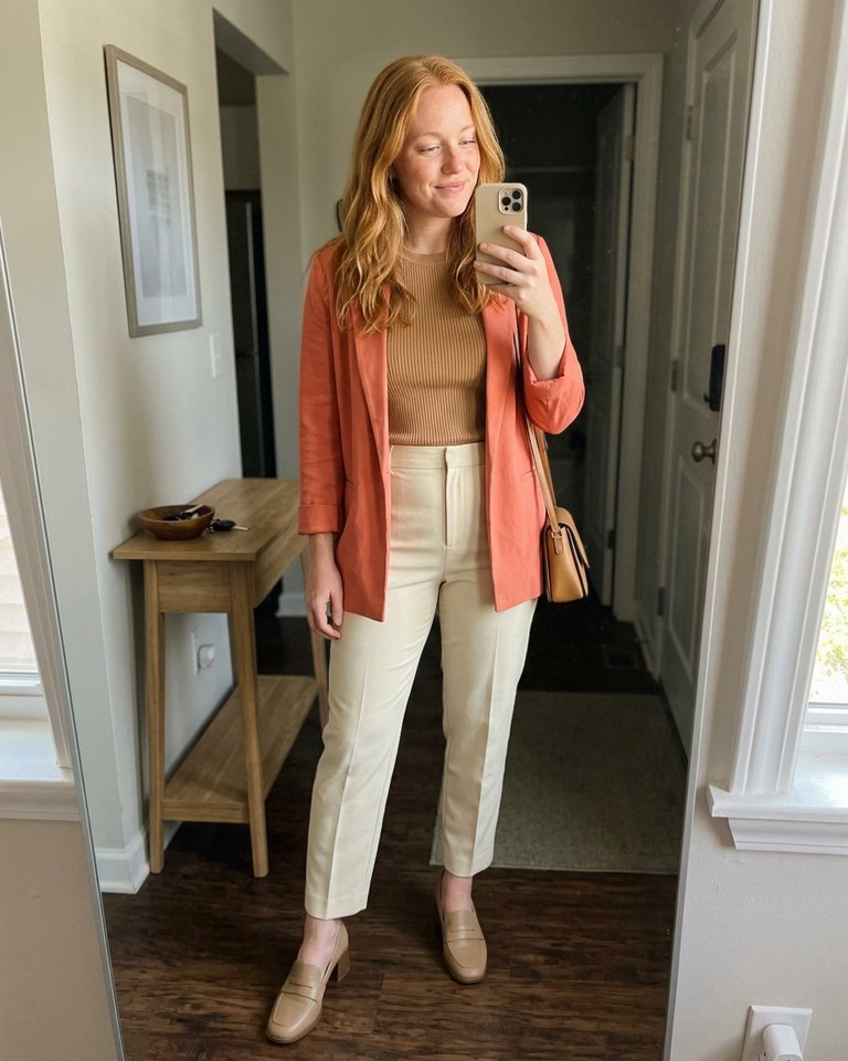 A True Spring woman wearing camel, cream, coral