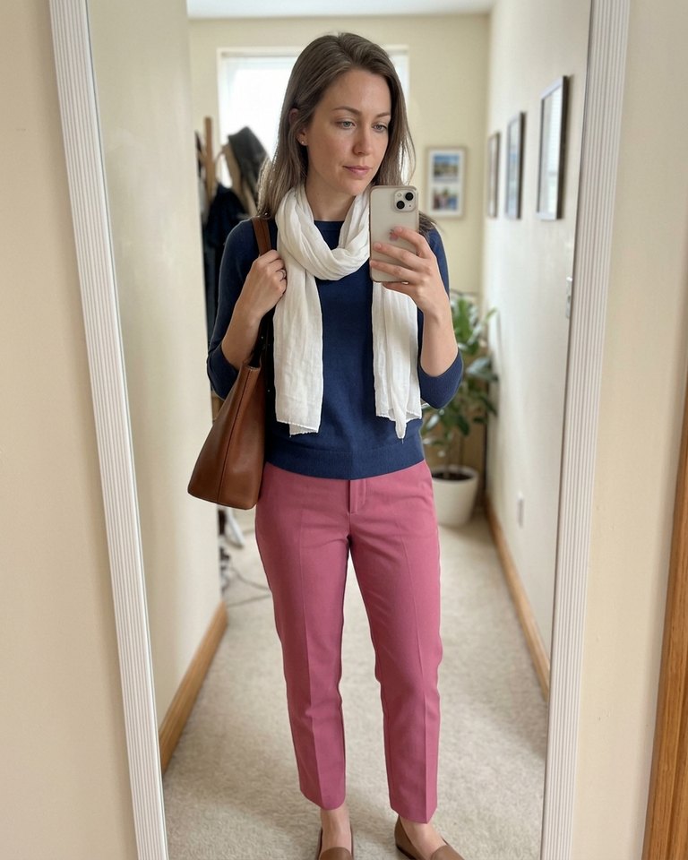 A True Summer woman wearing navy, rose, white