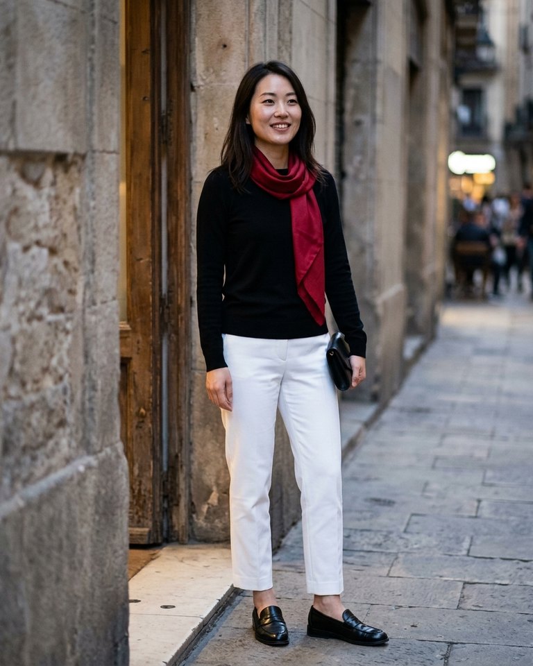 A True Winter woman wearing black, white, cherry
